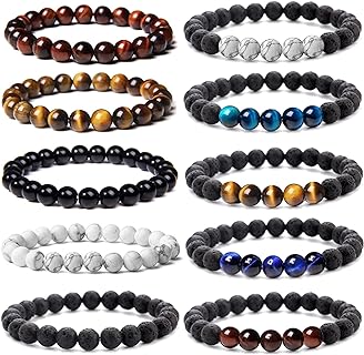WAINIS Essential Oil Beaded Bracelet Set for Men and Women with Bead Chain and Spring Ring Clasp - 10 Pcs 8mm Round Onyx and other Semi-Precious Gemstones