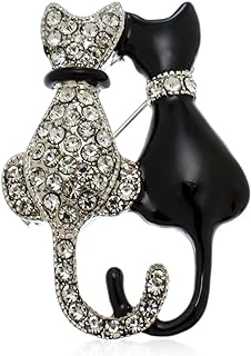 Elegant Black and White Crystal Twin Cat Brooch Pin with Glass Finish for Cat Lovers and Pet Owners - A Chic Animal-Inspired Accessory