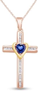 AFFY Simulated Blue Sapphire & Natural Diamond Cross Pendant Necklace inTwo-Tone Gold Over Sterling Silver
