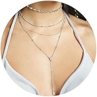 Layered Long Choker Necklace Silver Rhinestone Y Drop Necklaces Sparkly Crystal Lariat Necklace Chain for Women