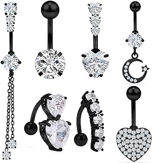 Vsnnsns 14G Belly Button Rings Belly Rings for Women Stainless Steel Belly Piercing Jewelry Surgical Steel Dangle Belly Button rings Curved Navel Ring Barbell Heart CZ Body Jewelry Piercing 7 Pcs