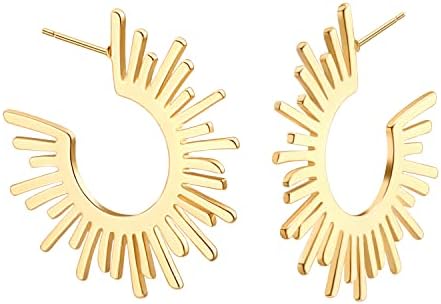 18K Gold Big Hoop Earrings Delicate Screw Thread Spring Coil Square Huggie Earrings Sunburst Half Hoop Earrings Minimalist Ear Jewelry for Women