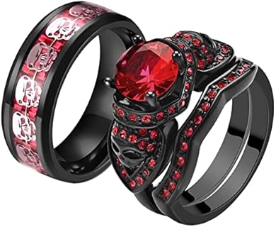 Stainless Steel, Black Plated Deadpool Wedding Ring with Cubic Zirconia for Couples, Unique Skull Design