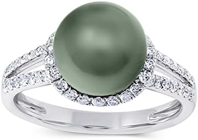 14K White Gold 10 mm Genuine Tahitian Pearl Diamond Halo Gorgeous Ring, Size 7