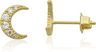 14K Solid Yellow Gold Cz Cubic Zirconia Womens Small Crescent Moon Stud Cartilage Earrings - 0.27in