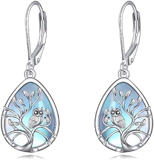 925 Sterling Silver Owl Dangle Earrings with Lever Back and Simulated Moonstone for Women and Girls