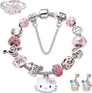 Hello Kitty Bracelet with Ring and Earrings, Cute Cartoon Charm Bracelets for Women Girls Kids, Fashion Kawaii Chain Cuff Jewelry Set for Girls