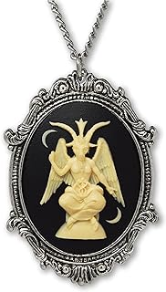 Sitting Satanic Baphomet Cameo In Silver Finish Frame Necklace Pendant Ivory on Black