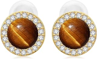 Black Onyx/Turquoise/Lapis Lazuli/Malachite/Tiger Eye/Red Agate Stud Earrings Sterling Silver Plated 14k Gold Round Genuine Gemstone Earrings Jewelry Gift for Women