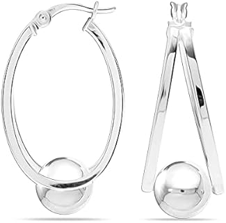 LeCalla's Hinged Hoop Sterling Silver Ball Hoop Earrings - Authentic 925 Silver, Double Oval Design with Anti-Tarnish Coating - Ideal for Teens and Women, 29mm by 17.5mm