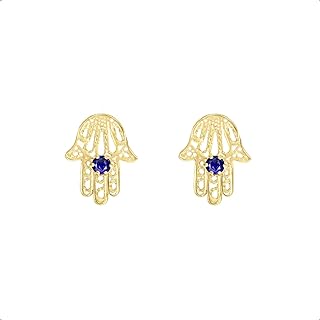 Push Back Clasp 14 Karat Yellow Gold Evil Eye Stud Earrings | Hamsa Fatima Design with Blue Sapphire | Luxury Italian Jewelry for Women and Girls