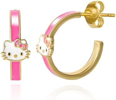 Hello Kitty Hoop Earrings for Women - Sanrio 18Kt Gold Flash Plated Pink Kawaii Hoops - Officially Licensed