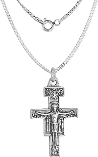 Antique Sterling Silver San Damiano Crucifix Pendant Necklace with Curb Chain and Spring Ring Clasp