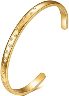 Jude Jewelers Stainless Steel Open Cuff Star Pattern Cubic Zirconia Filled Omega Bangle Bracelet - Durable No Clasp Design