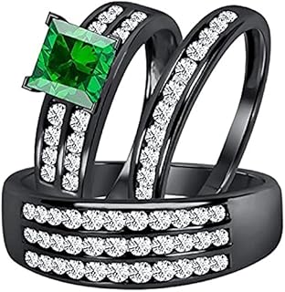 3ct Princess Cut Green Emerald & CZ Diamond, His & Hers Trio Ring Set in 14k Black Gold Plated Sterling Silver