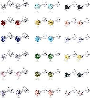 Tornito 20G 18 Pairs Stainless Steel Multicolor CZ Stud Earrings Set Piercing Cartilage Helix Earrings Set Screwback for Women 3MM-5MM
