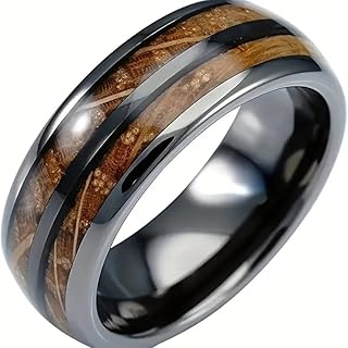 1pc Men's Trendy Stainless Steel Gray Whiskey Barrel Wooden Inlaid Wedding Ring - Suitable For Any Commitment Or Engagement size 7-13