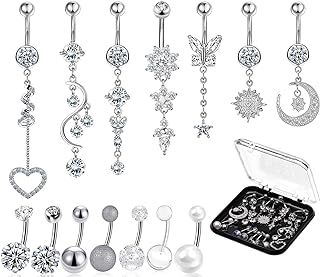 14 PCS Belly Button Rings for Women Girls, 14G Long Dangle Navel Ring Screw Bar Design Body Piercing Jewelry Belly Rings Gifts