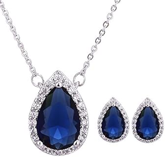 AMYJANE Royal Blue Bridal Jewelry Set with Ball Clasp and Cubic Zirconia in Pear Shape Design - Elegant Sterling Silver, Rhodium Plated