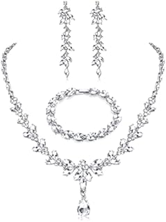 FIASASO Alloy Rhinestone Necklace & Earring Set with Lobster Clasp, Crystal Wedding Jewelry for Bride/Bridesmaid, Adjustable Chain Design