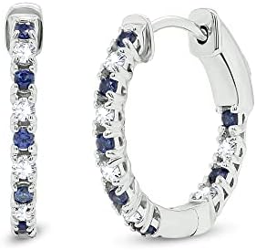 1 Cttw Round Shape Simulated Blue Sapphire and White Natural Diamond Hoop Earrings with Hinged Hoop In 14k White Gold Plated 925 Sterling Silver (Clarity-I2, Color-J, 1.04 Carat) Mothers Day Gifts