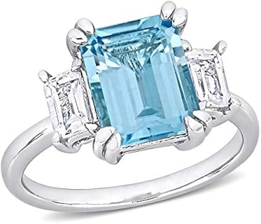 Womens Emerald Cut Sky Blue Topaz and White Topaz Gemstone 3-Stone Statement Engagement Ring in Rhodium Flash Plated Sterling Silver, Size 5