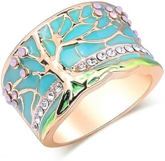 Women Tree of Life Lucky Flower Wide Band Ring Gold Pink Opal Green Enamel Resin Plated Dainty Tree Rhinestone Statement Thumb Index Full Finger Chunky Ring Party Crystal Vintage Jewelry