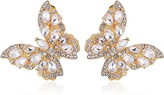 Butterfly Gold Clip on Earrings Statement Rhinestone Crystal Sparkly Clip on Earrings for Women Teen Girls Hypoallergenic Non-Pierced Clip on Dangle Earrings Women Birthday Xmas Valentine's Day Gifts