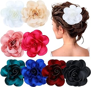 Dizila Big Silky Satin Flower Brooch Pins & Duckbill Alligator Hair Clips in High-quality Metal with Dual Design for Women, Girls, Teens, Kids - 8 Pack