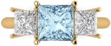 2.62 ct Princess Cut Natural Aquamarine 14k White Gold Three-Stone Wedding Engagement Bridal Promise Ring