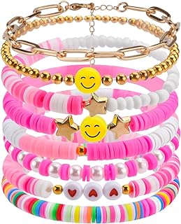 Colorful Clay Bead Necklace with Bead Chain for Teen Girls, Heishi Surfer Bracelets and Accessories Set, Polymer Vinyl & Copper Material, Boho-Style Designs - Ideal Gift Choice