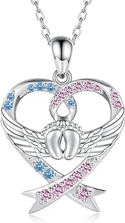 S925 Sterling Silver Ribbon Necklace with Cubic Zirconia for Women, Heart Shape Miscarriage Awareness Memorial Pendant for Moms