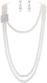 EVER FAITH Women's Crystal Cream Simulated Pearl Strand 1920s Gatsby Multilayer Vintage Bridal Jewelry Set with Flower Brooch