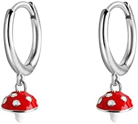 Cute Mushroom Dangle Drop Cartilage Small Huggie Hoop Earrings For Women Girls Minimalist S925 Sterling Silver Charm Dangling Cuff Sleeper Hoops Dainty Hypoallergenic Jewelry Gifts for Daughter Her