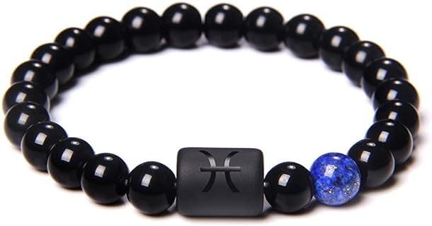Unisex Black Onyx Stone Zodiac Bead Bracelet with Beaded Chain and Glass Gems in Pisces Design - Perfect Gift for All Occasions