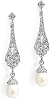 Mariell Cubic Zirconia Vintage Art Deco Dangle Earring with Freshwater Pearl Drops for Brides or Weddings