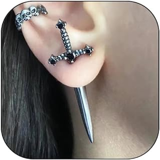 Gothic Sword Earrings Punk Sword Screw Dagger Earrings Cool Black Retro Rhinestone Sword Front Back Stud Earrings for Women Girls Halloween Outfits Jewelry Accessories Gift