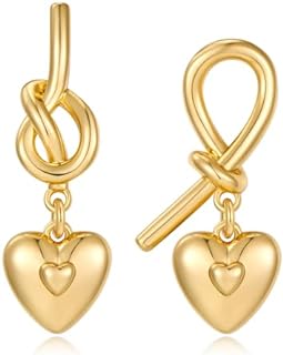 Chic FAMARINE Gold Heart Knot Dangle Earrings with French Wire Backs for Women, Trendy Brass Earrings Design