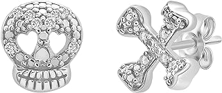 Diamond Accent Mismatched Stud Earrings in Sterling Silver with Push Back, Skull and Crossbones Design for Women