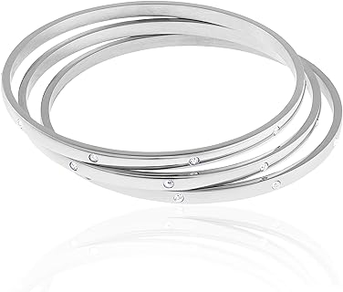 Edforce Stainless Steel Bangle Chain Women's Bracelets: Set of 3, Stackable with Cubic Zirconia Gems, 8 inches, Slide Clasp