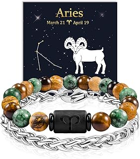 FANCIBAND Zodiac Bracelet for Men Women, 2pcs Stainless Steel Chain Bracelet and 8mm Natural Tiger Eye Stone Bead Bracelets with Zodiac Stone Black Star Sign Constellation Horoscope Bracelet Stretch