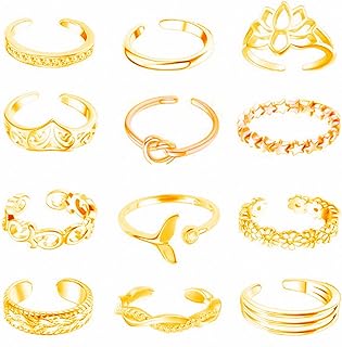 Roe Dolph Toe Rings for Women Non Tarnish Gold Plated Toe Rings Waterproof Open Adjustable Stacking Rings Boho Fish Tail Star Flower Wave Lotus Rings Beach Foot Jewelry Set for Teen Girls
