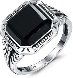 Vintage Synthetic Black Onyx Ring for Men 925 Sterling Silver Mens Filigree Ring Anillos de Hombre Mens Cocktail Rings Jewelry Gift Band Width 3.2mm Size 8-12