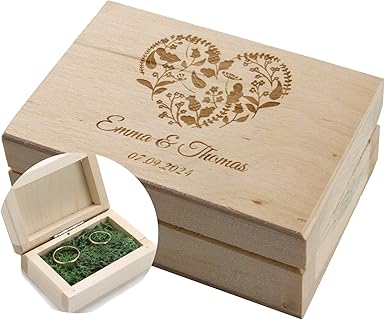 Caja de anillos original Happenings para bodas, de madera boho ligero, con musgo decorativo, personalizable para dos anillos, ideal para novia y novio