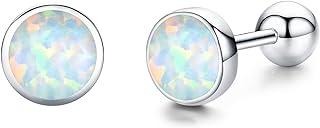 TANGPOET 6MM Fire Opal Stud Earrings 20G Sterling Silver Screw Back Round Earrings Push Back Heart Studs Multicolor Opal Jewelry Valentins Mother's Day Christmas Gifts for Women Teens Girls