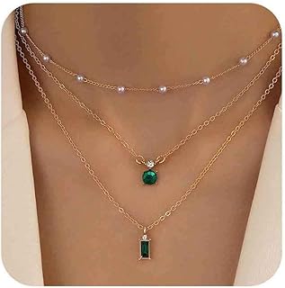 Boho Layered Emerald Pearl Choker Necklace Gold Emerald Pendant Necklace Tiny Pearl Station Necklace Green Gemstone Necklace Chain Jewelry for Women and Girls