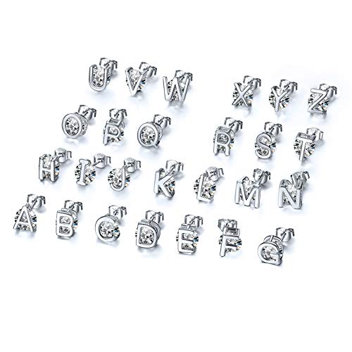 Small Initial Stud Earrings for Women, 925 Sterling Silver Cubic Zirconia Letter Earrings Hypoallergenic (with Gift Box)