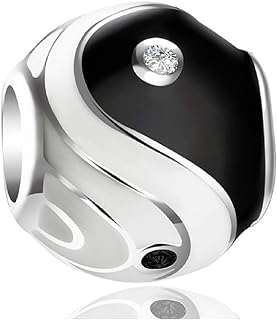 Yin Yang Balance Yoga Charm Bracelet with Sterling Silver Chain for Women, Ideal BFF, Wife or Birthday Gift - Black & White Glass Bead Design