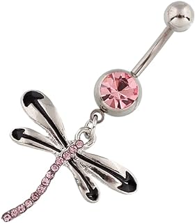 Lenacou Dragonfly Belly Button Rings 14G Surgical Stainless Steel Dangle Navel Barbell Stud Cubic Zirconia Body Piercing