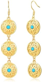 Bohemian Floral Filigree Gold Plated Turquoise Lapis Lazuli Drop Dangle Earrings, 925 Sterling Silver Durable Hook Earrings, Retro Jewelry Gift for Mother Women Girls